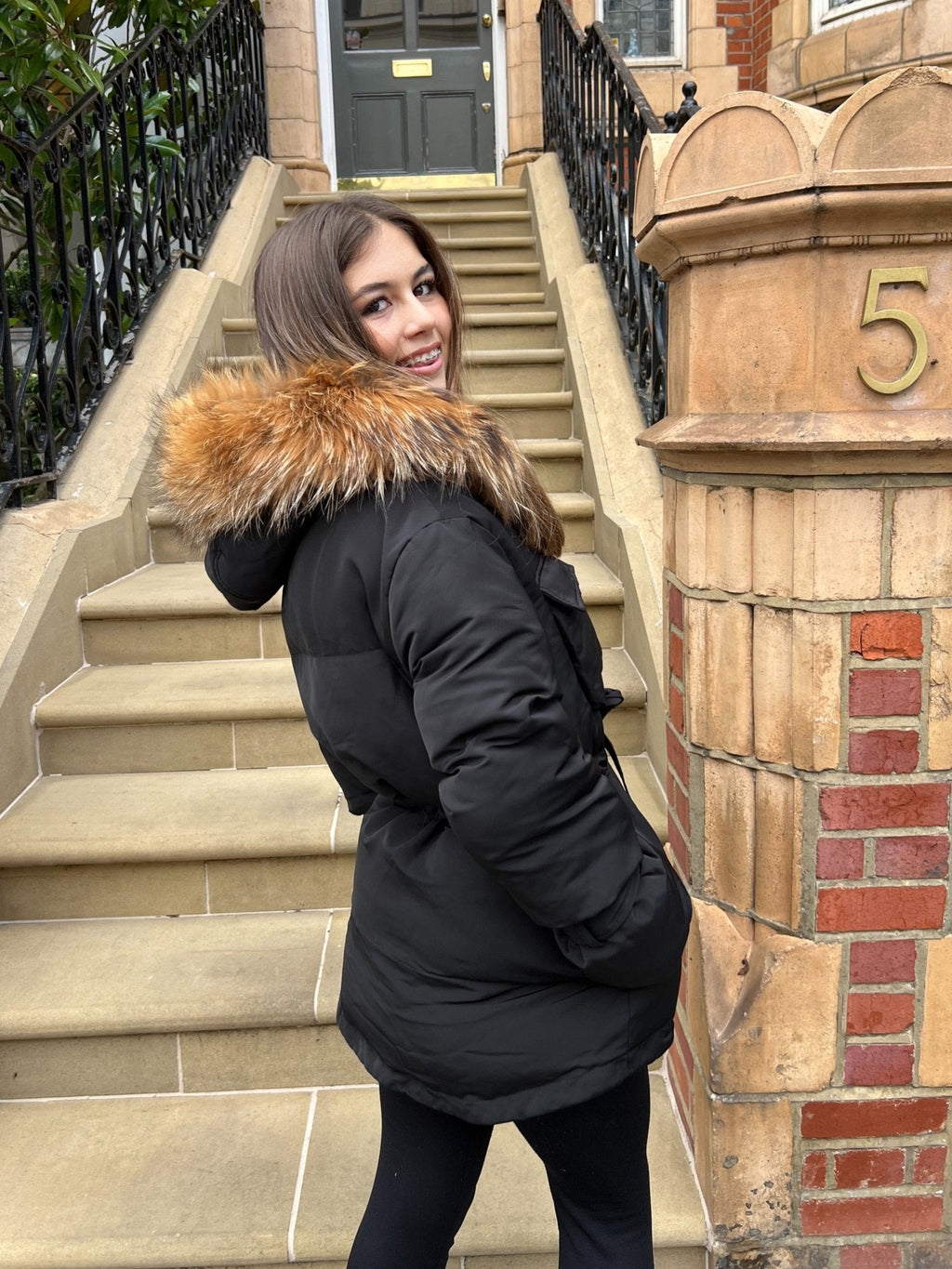 Black/Natural Fur Drawstring Luxury Fur Padded Belted Coat