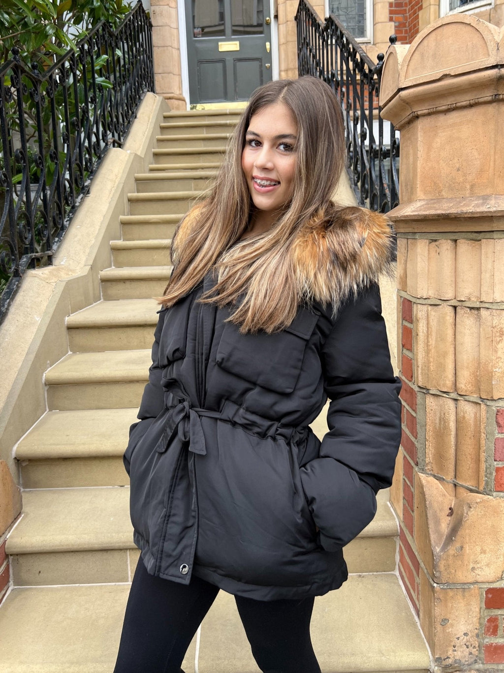 Black/Natural Fur Drawstring Luxury Fur Padded Belted Coat