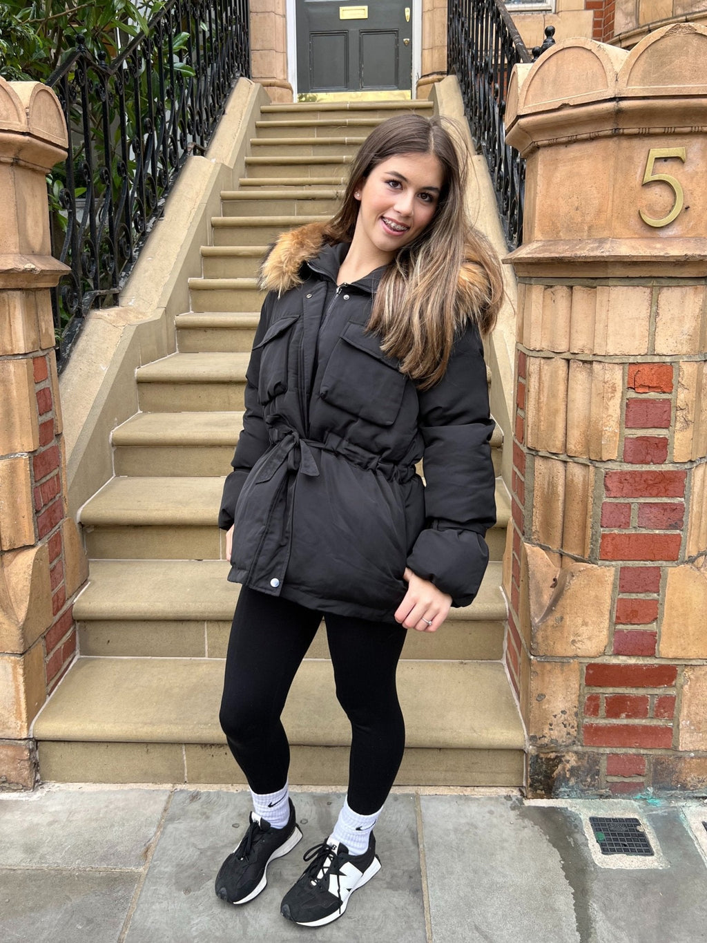 Black/Natural Fur Drawstring Luxury Fur Padded Belted Coat