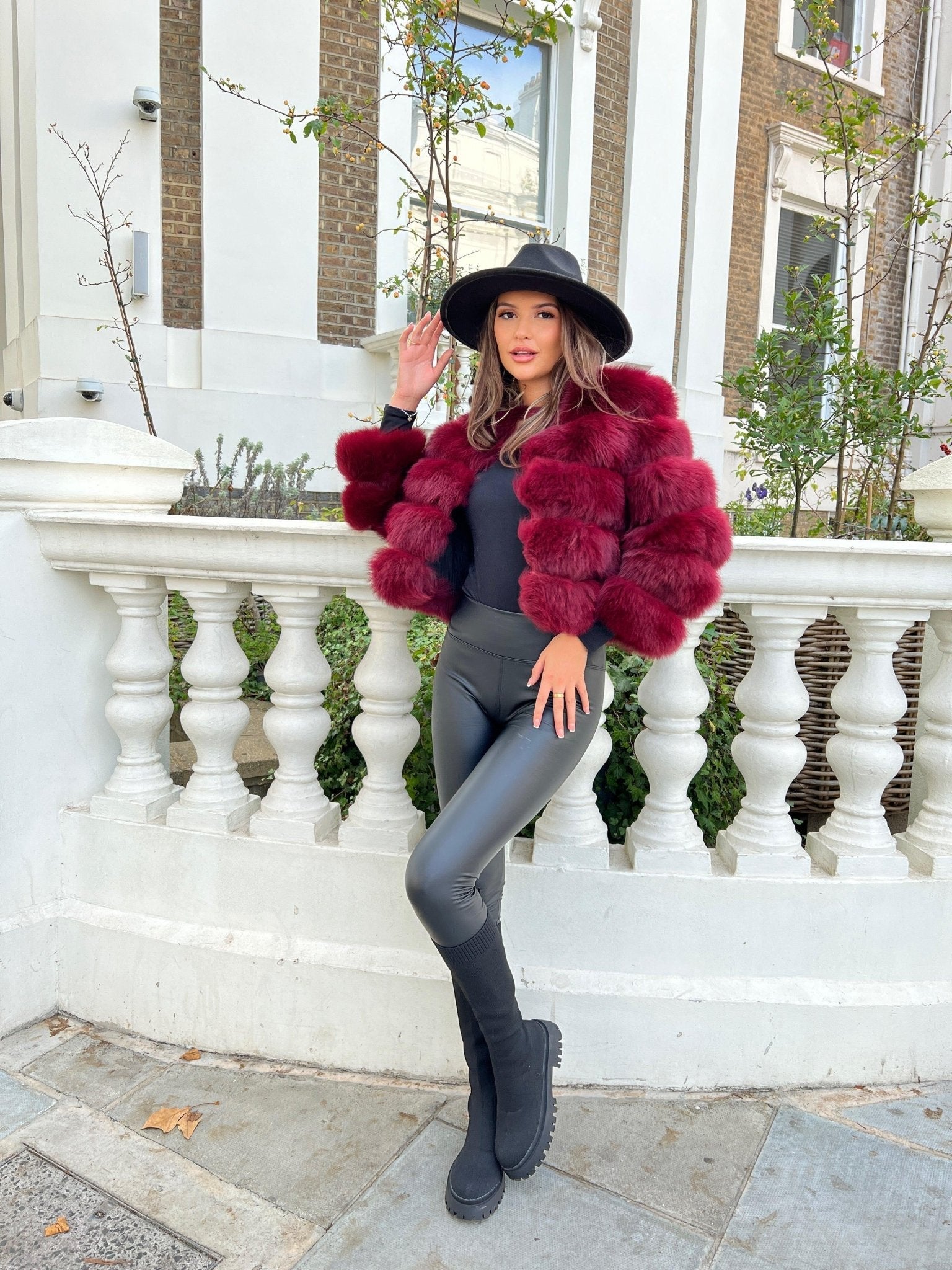 Burgundy Luxury Fur 5 Row Cropped Sleeve Jacket