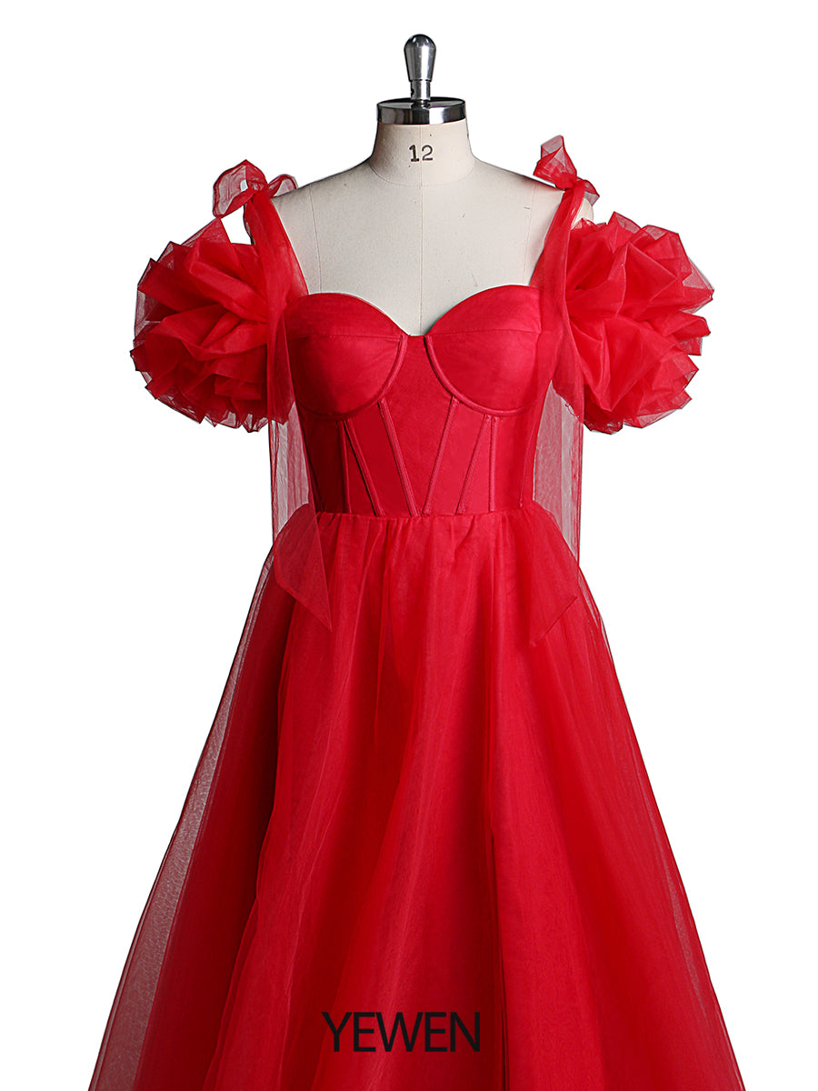 Ruffle Cap Sleeve Sweatheart Neckline Side Slit Prom Dresses Christmas Party Dress