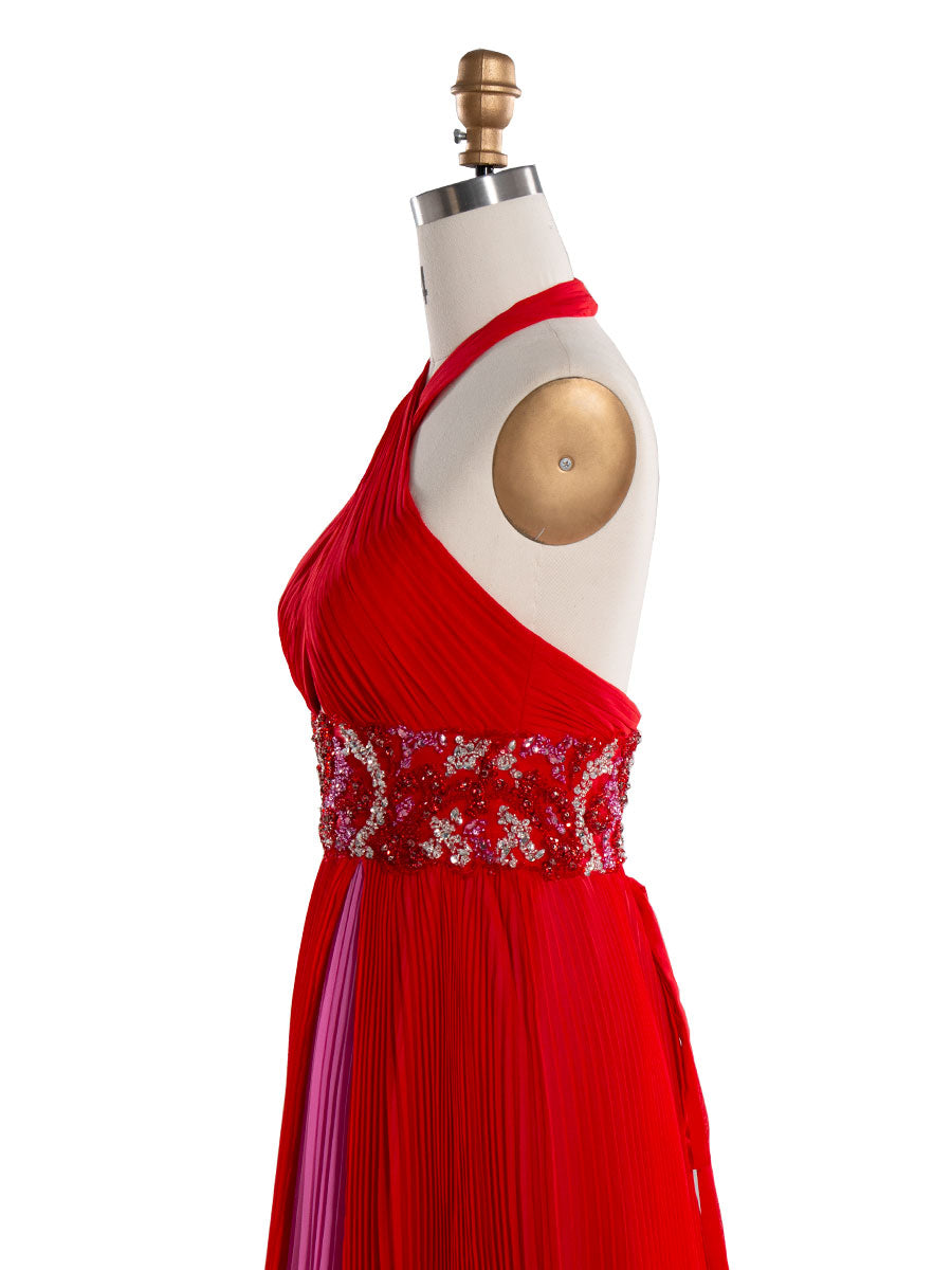 A line Backless Halter-Neck Red Pleated Long Prom Dress YE3020