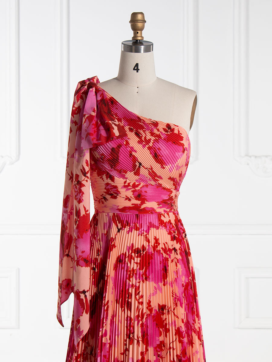 A-line Asymmetrica Red Printed Pleated Prom Party Dresses Floor Length YE3004