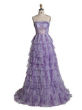 Elegant Lavender Tiered Gown Layered Printed Tulle Prom Party Dress YE3024