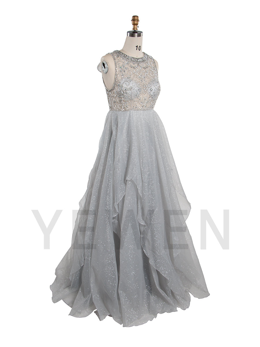 A-Line Beaded Prom Dress Floor-Length Sparkle Fabric Evening Wear Photo Shoot Dress B001