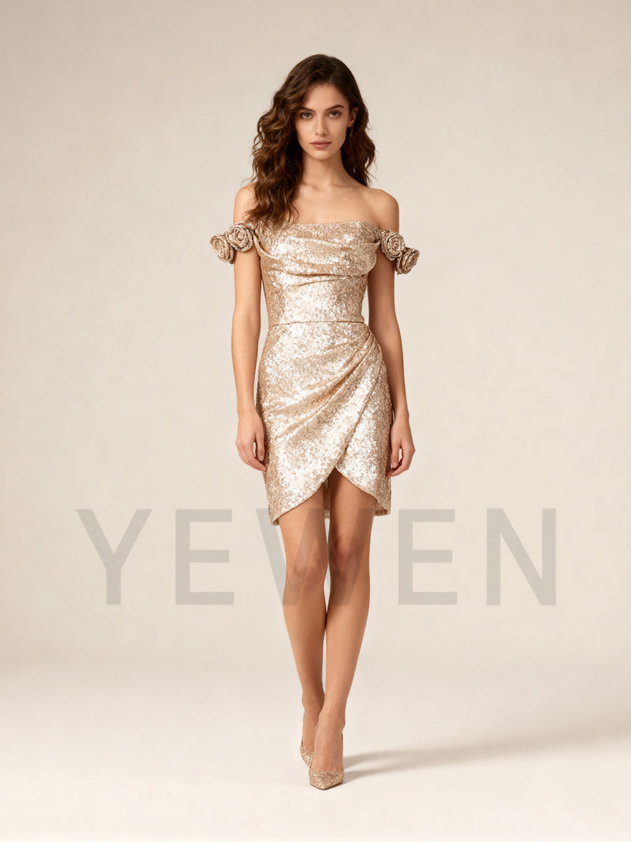 Champagne Sparkly Sequins Dress Above Knee Length Elegant Party Gown