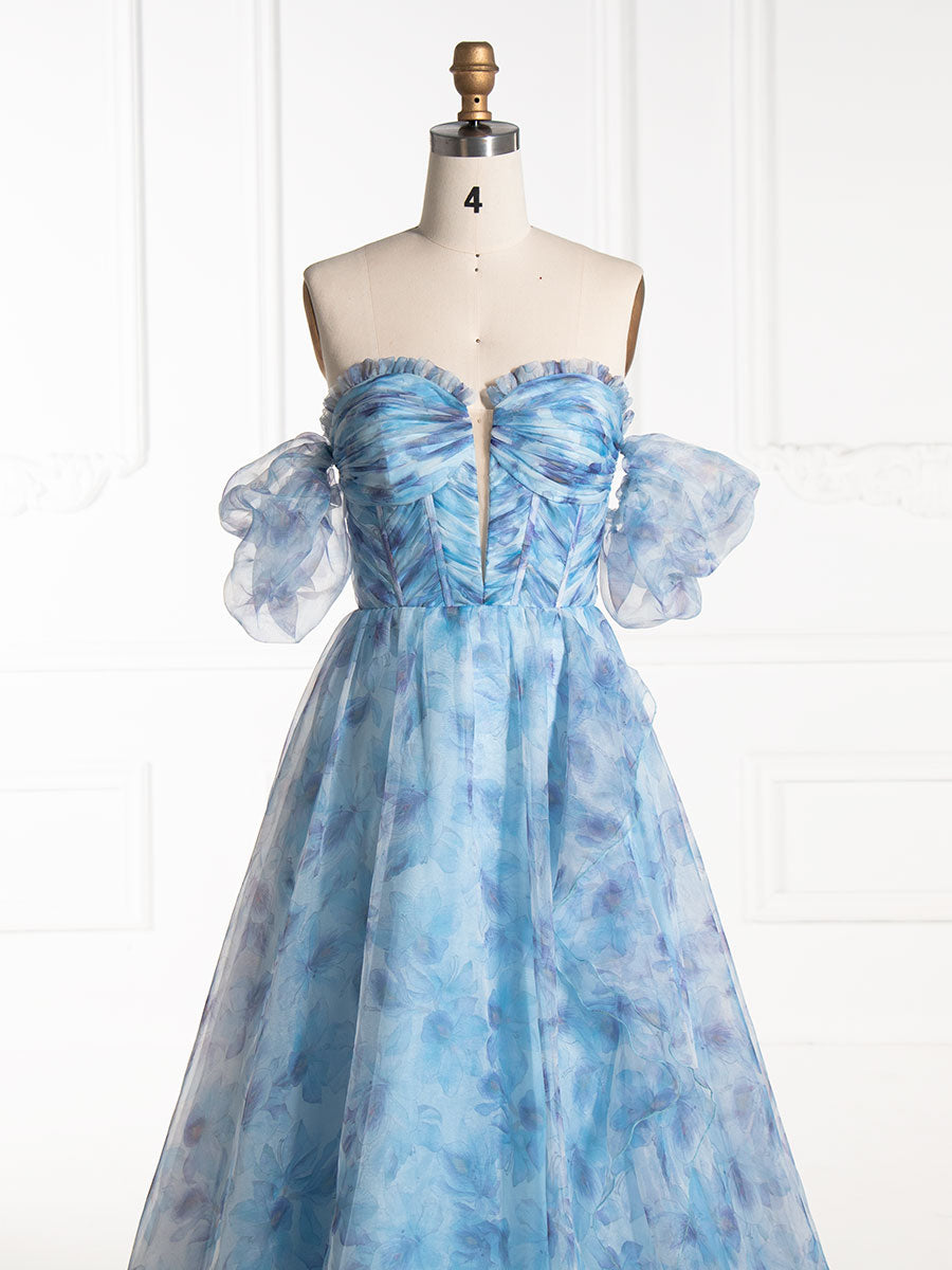 A-line Off The Shoulder Blue Floral Printed Prom Party Dress YE3008