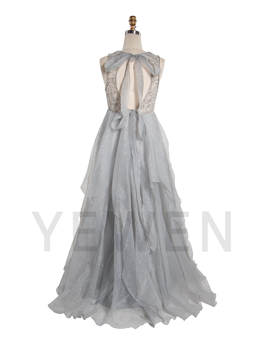 A-Line Beaded Prom Dress Floor-Length Sparkle Fabric Evening Wear Photo Shoot Dress B001