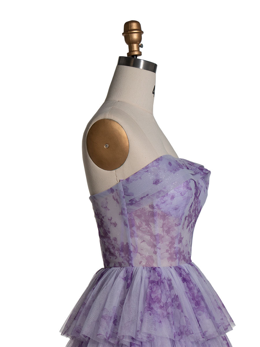 Elegant Lavender Tiered Gown Layered Printed Tulle Prom Party Dress YE3024