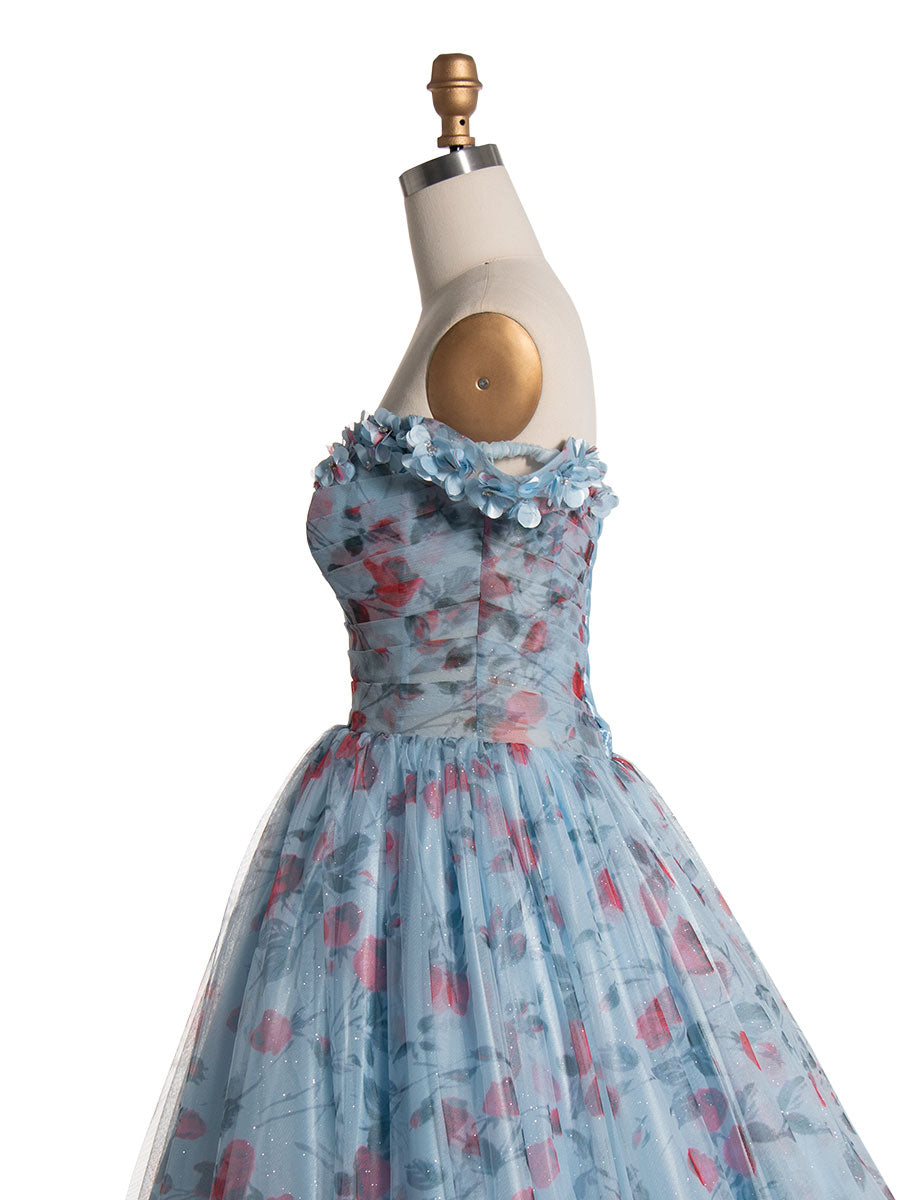 Elegant Off Shoulder Floral Printed Sweep Train Prom Dress YE3023