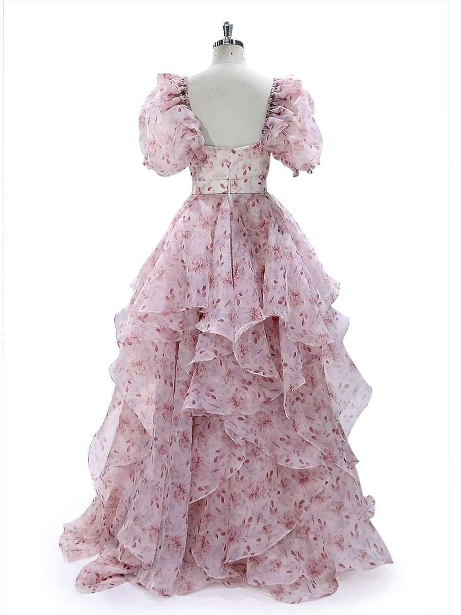 A Line Floor Length Pink Printing Floral Prom Dress YW240008