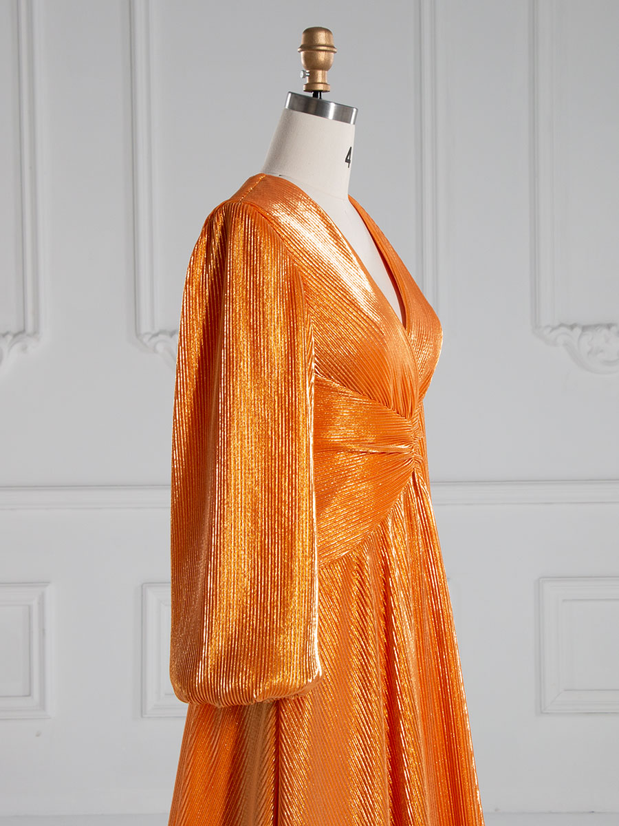 A-line V Neck Floor Length Prom Dresses with Long Sleeves YE3013