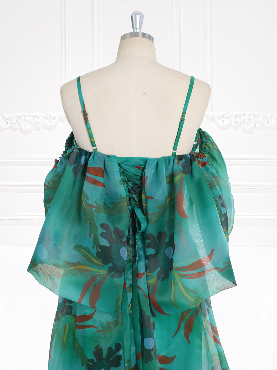 Green Floral-print Off-shoulder Maxi Dress Spaghetti Straps Prom Party Dresses YW231124