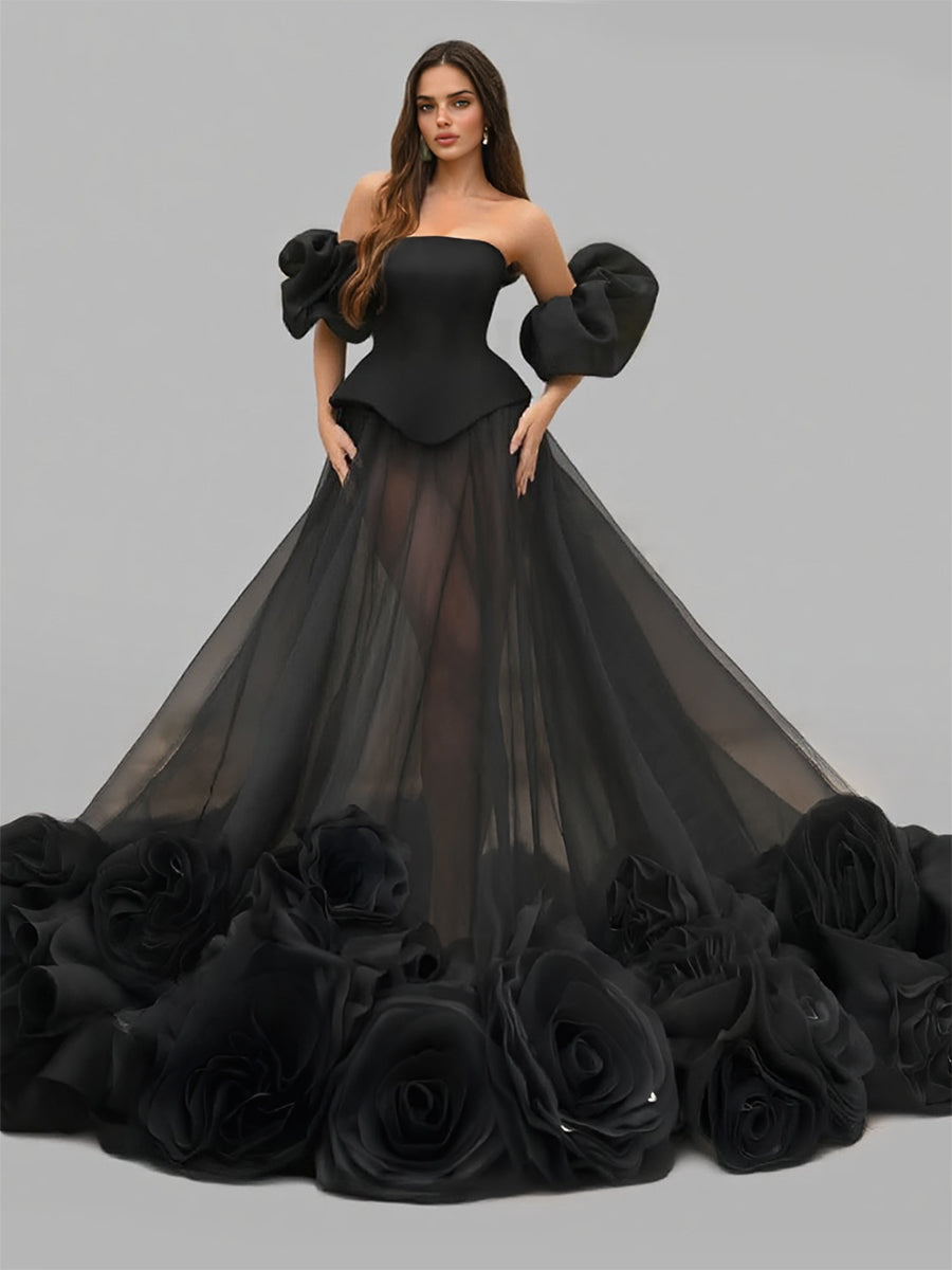 Chic Design Luxury See Through Big Handmade Rose Formal Dress Bridal Photoshoot Dress