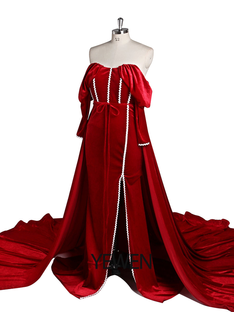 Long Sleeve Off Shoulder Red Velvet Mermaid Prom Dress Side Slit Photo Shoot Dress YW230747