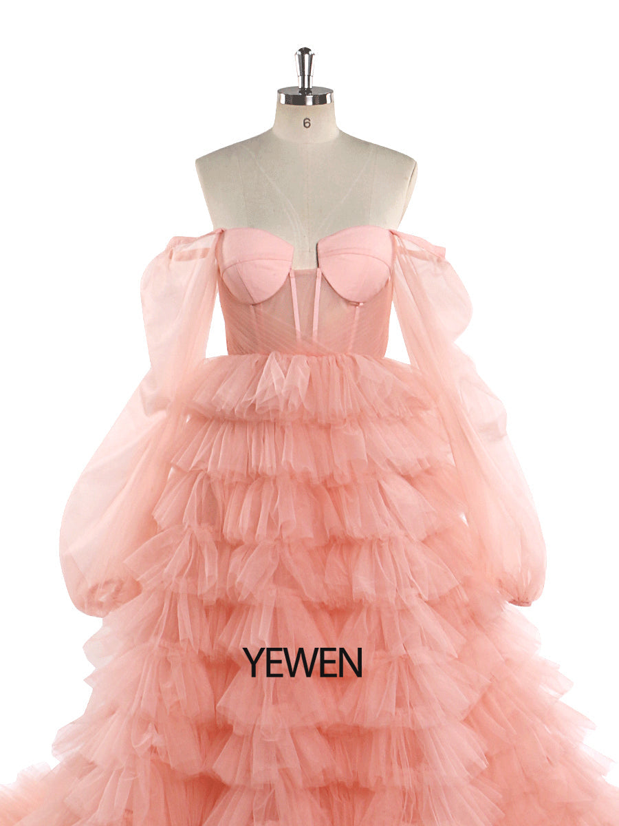 Off Shoulder Tulle Tiered Pink Prom Dress Wedding Dress Photo Shoot Gowns YW220828
