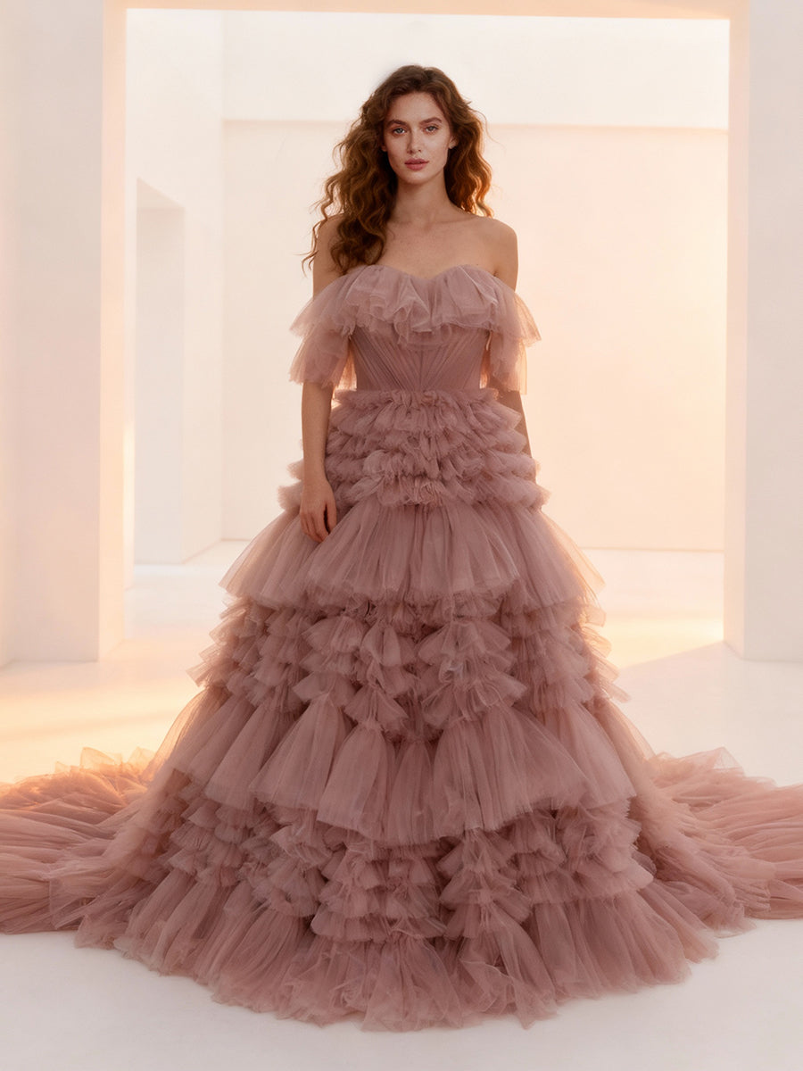 Elegant Off Shoulder Ruffles Colorful Wedding Dresses Tulle Dress for Photo Shoot YW231157