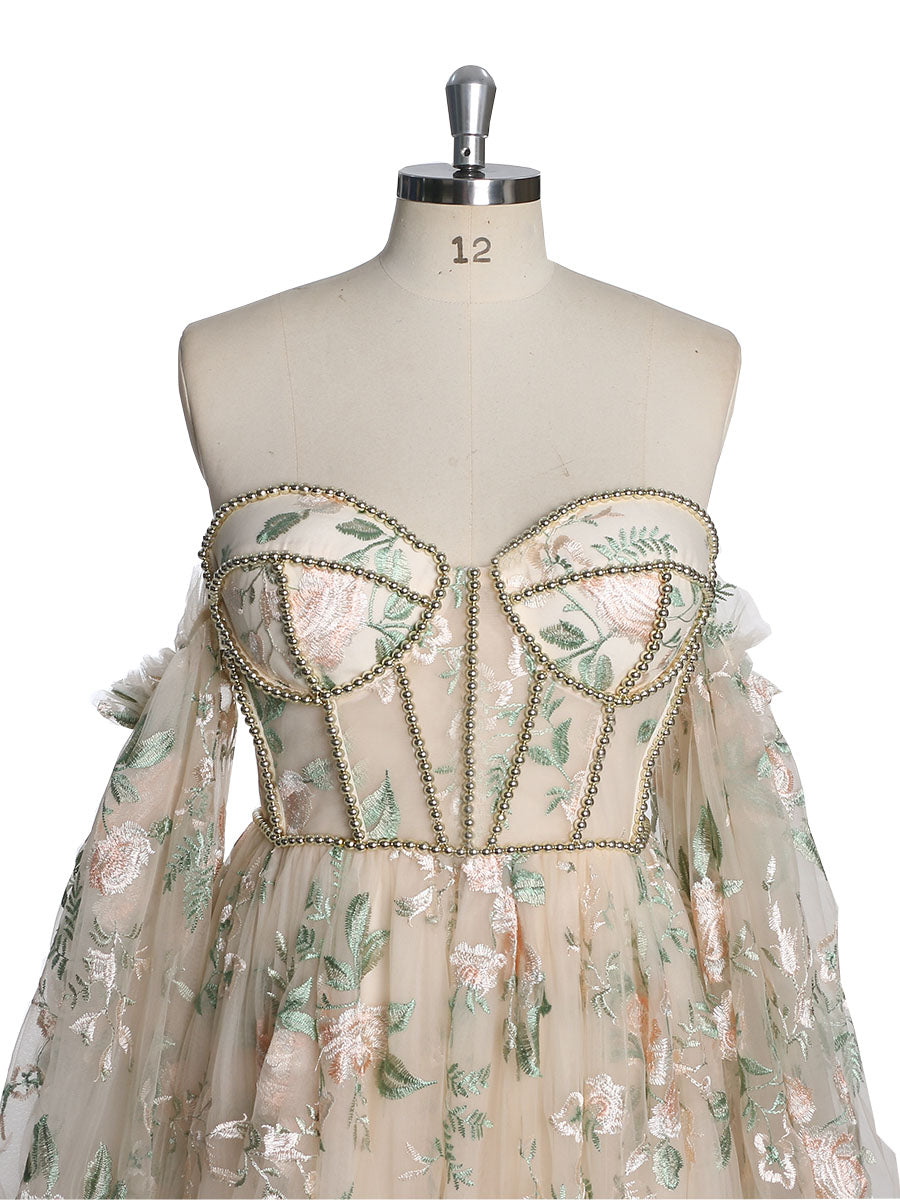 Strapless Long Sleeves Embroidery Floral Wedding Dresses with Color Beading Pearls Dress Photo Shoots Gowns YW230306