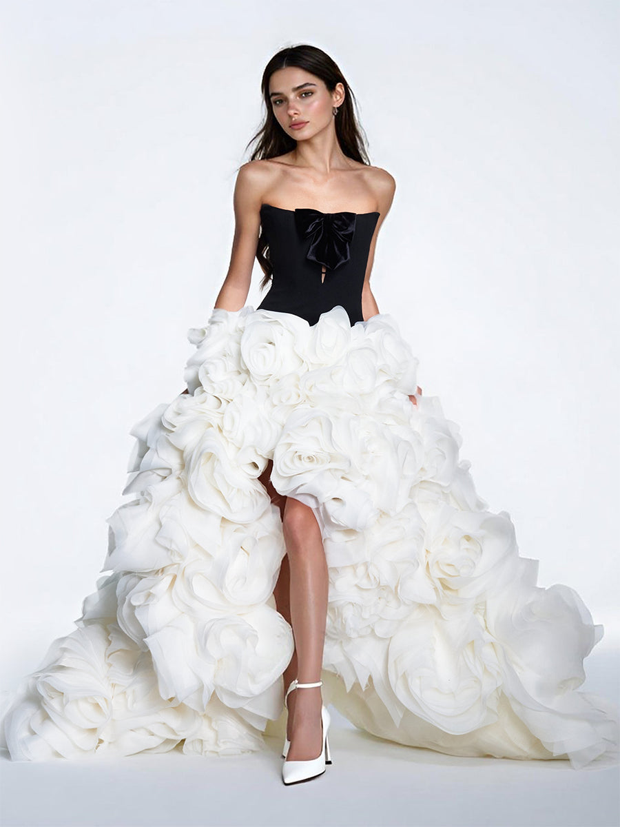 Black Strapless High Low Bow 3D Flower Photography Dress Custom Wedding Gown Formal Bridal Dress Elegant Photoshoot Outfit