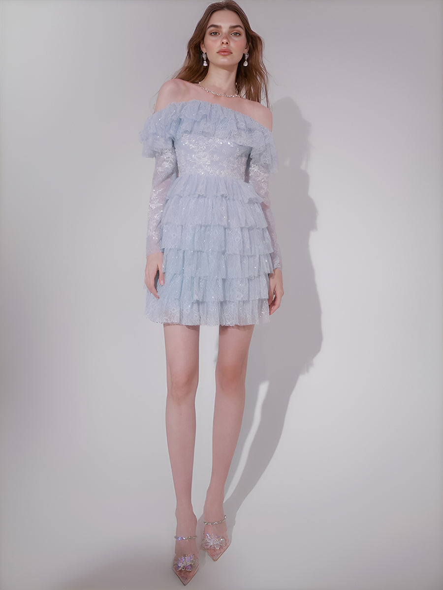 A-line Fairy Tulle Lace Ball Gown Off Shoulder Folds Evening Party Dresses Layered Folds Cocktail Dresses