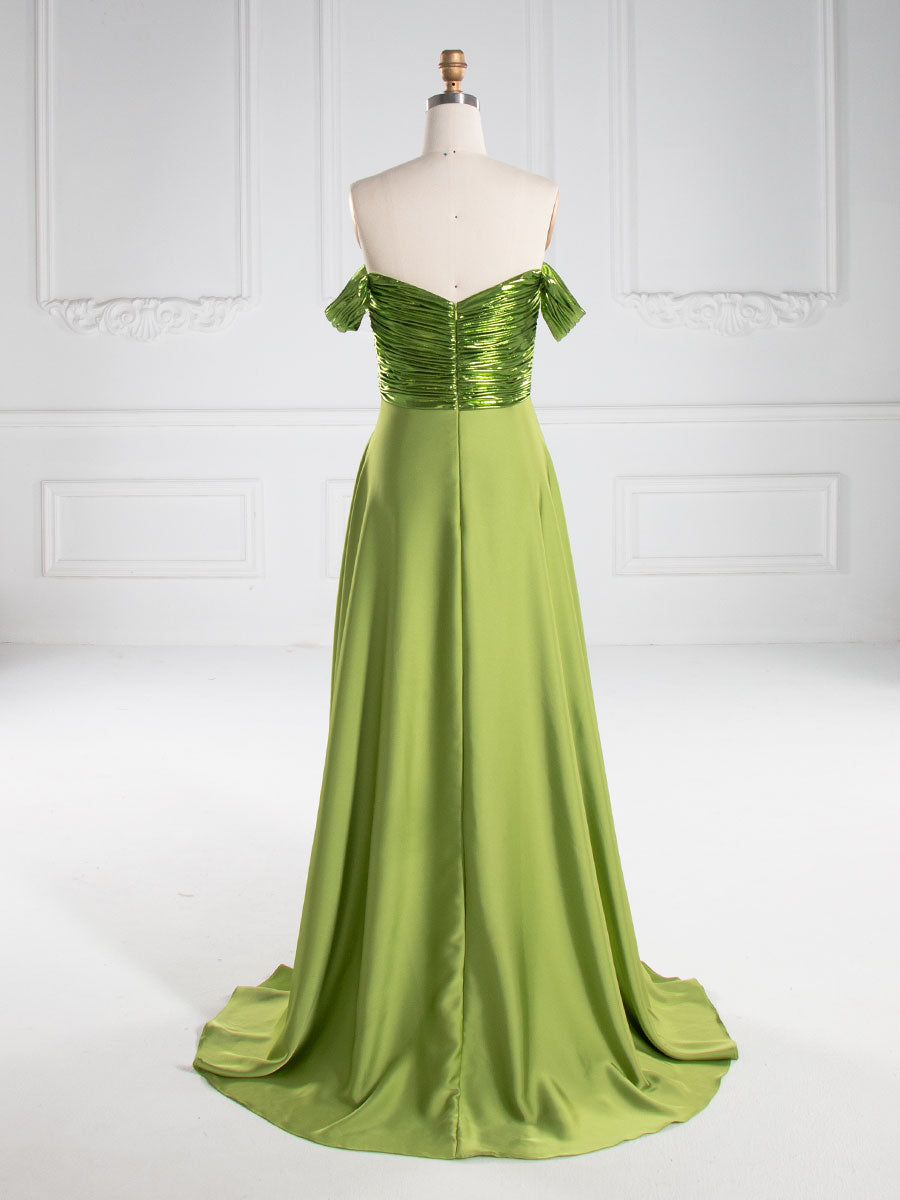 A-line Off The Shoulder Floor Length Satin Prom Dresses YE3005