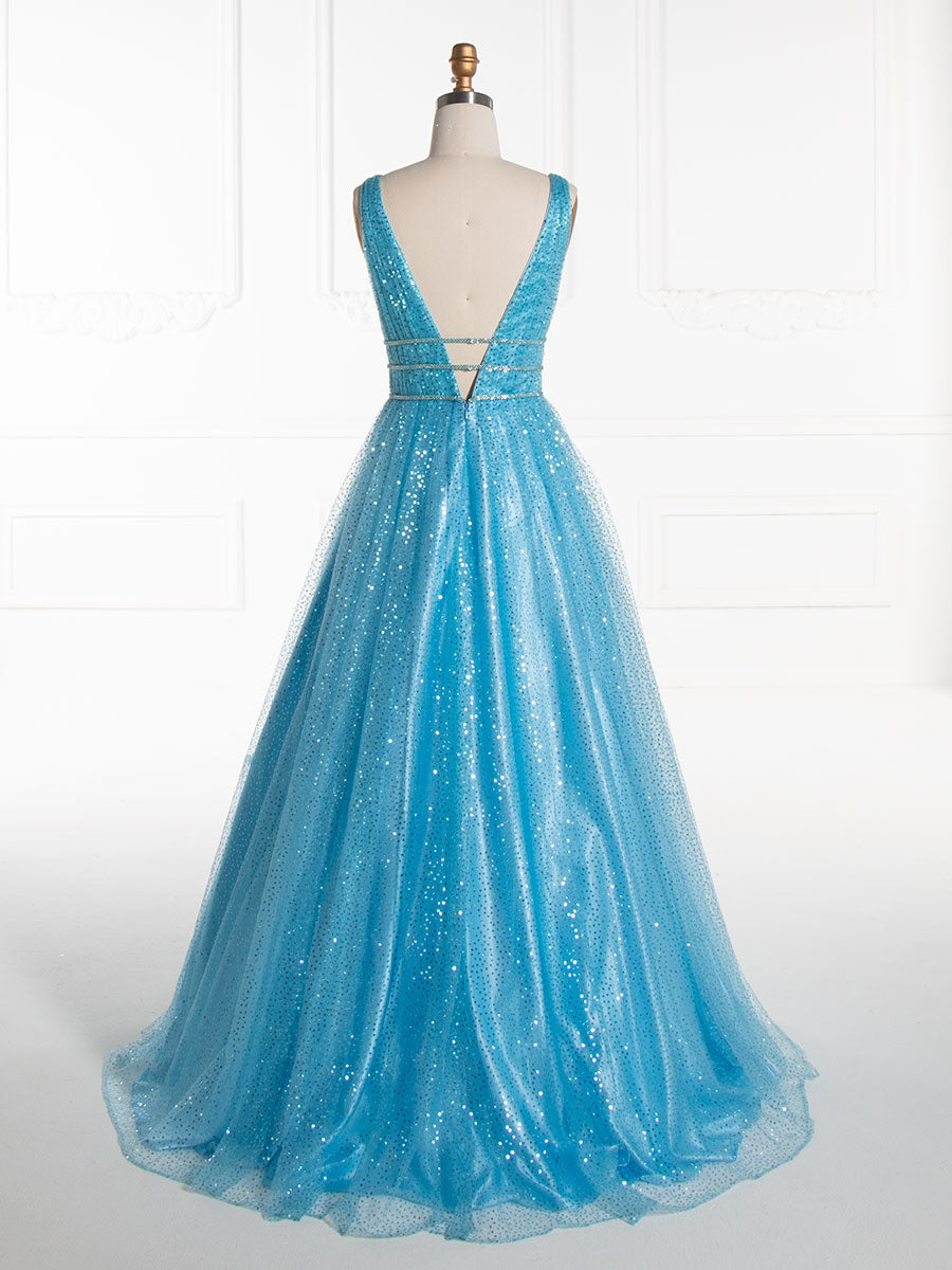 A line V Neck Long Sequin Prom Dress YE3015