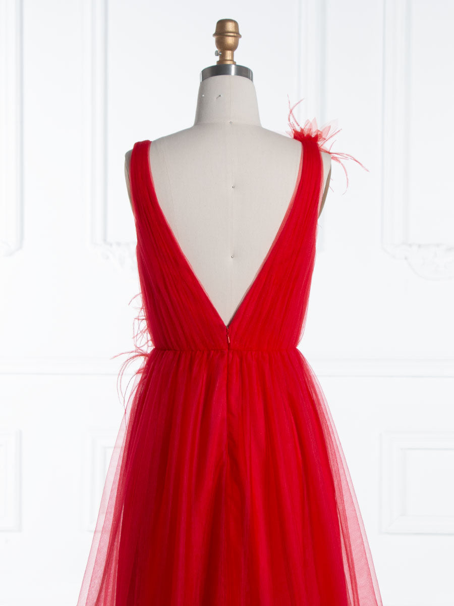 Feather-Flower Long Red Tulle Prom Dress YE3016