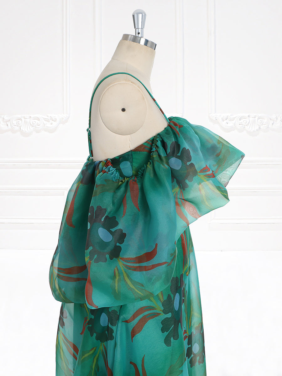 Green Floral-print Off-shoulder Maxi Dress Spaghetti Straps Prom Party Dresses YW231124
