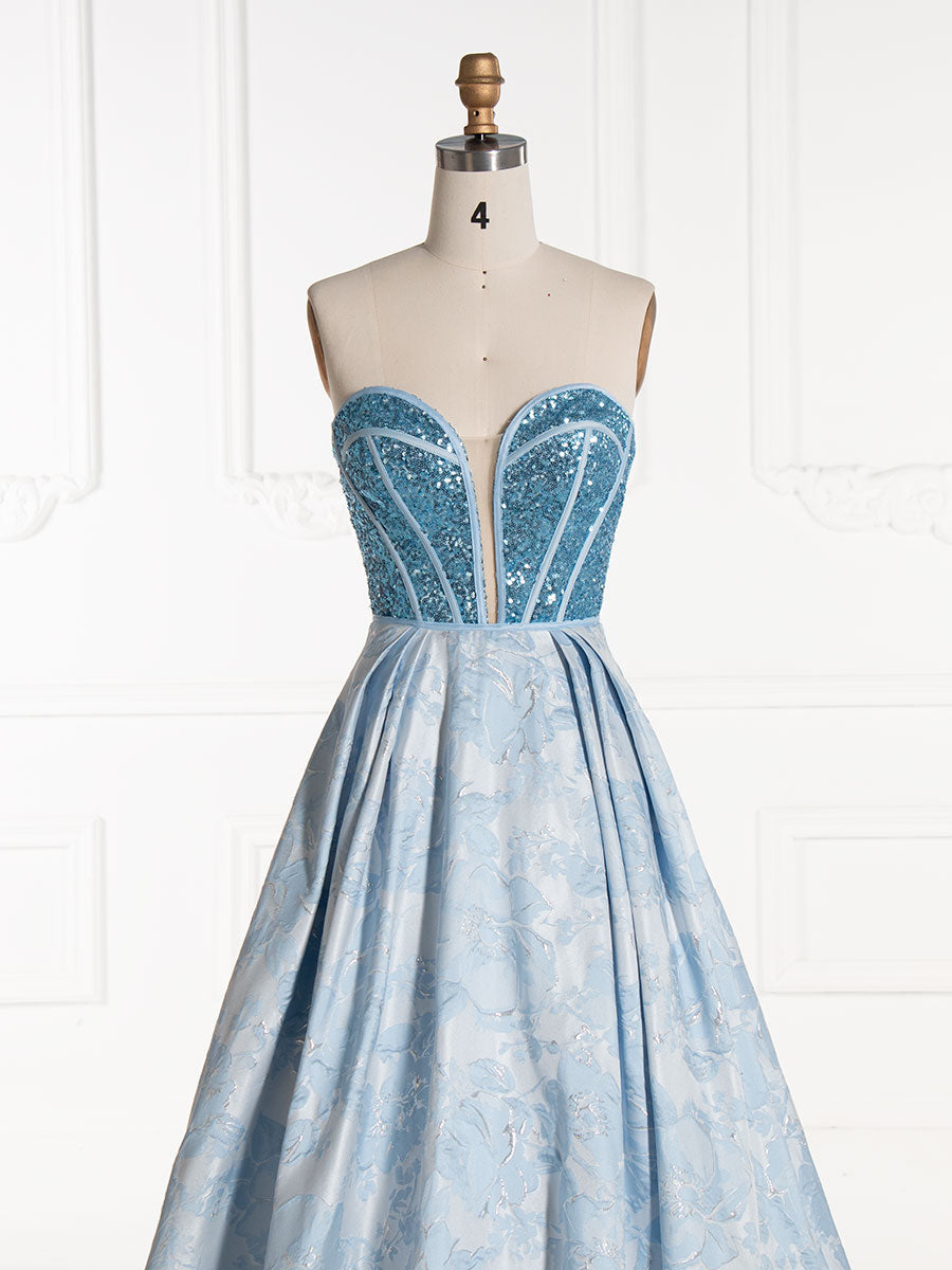 Elegant Sweetheart Blue Sequin Corset Top Jacquard Long Prom Dress YE3011