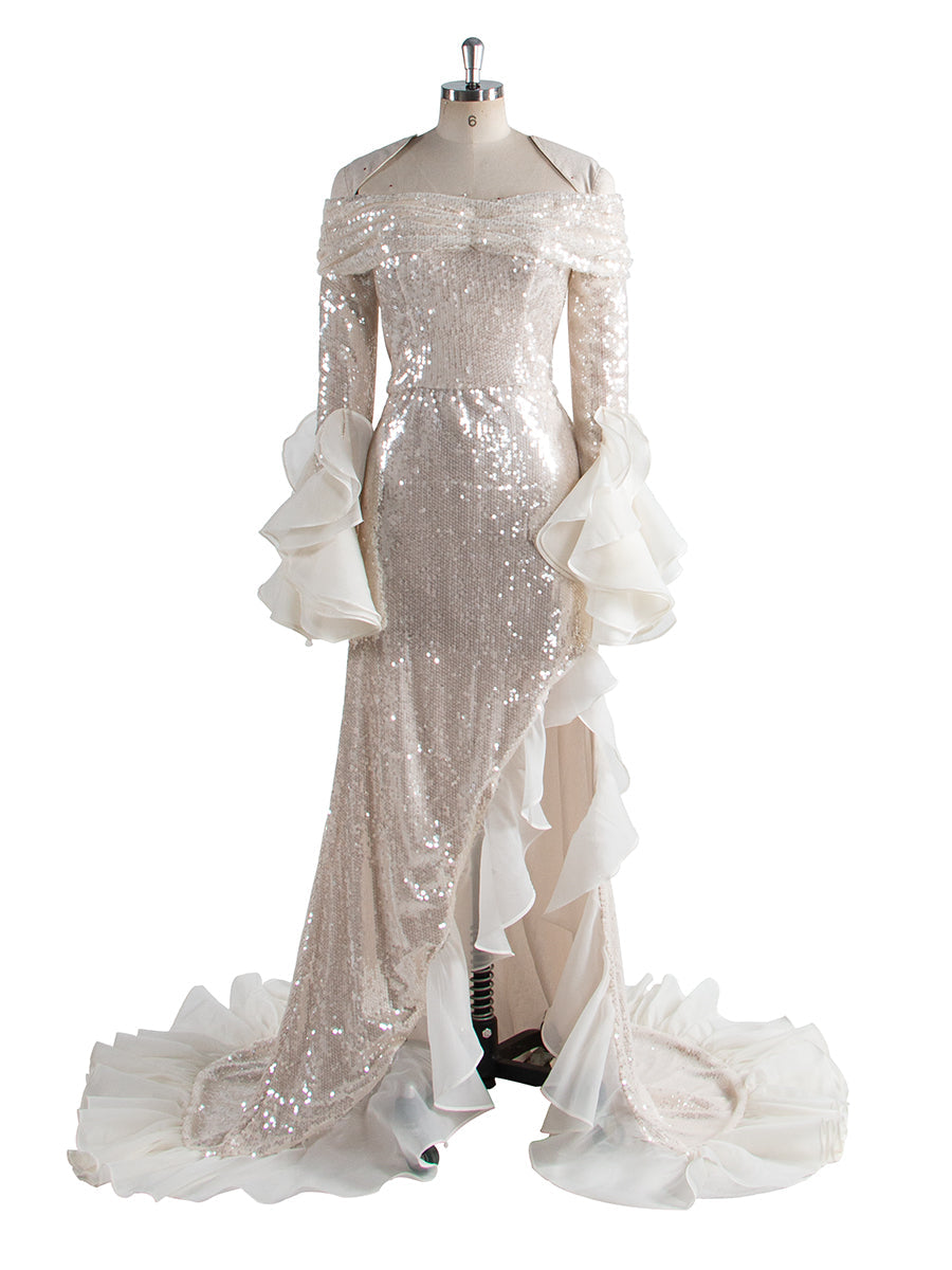 Fashion Shiny sequins Prom Party Dress Long sleeve Off Shoulder Asymmetrical Party Gown YW250020