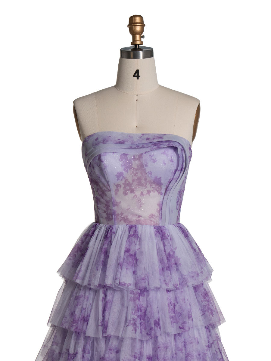 Elegant Lavender Tiered Gown Layered Printed Tulle Prom Party Dress YE3024