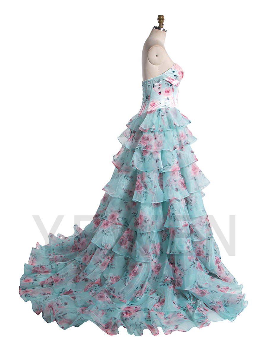 Gorgeous A Line Off The Shoulder Printed Long Prom Dress With Ruffles United Kingdom YW240048