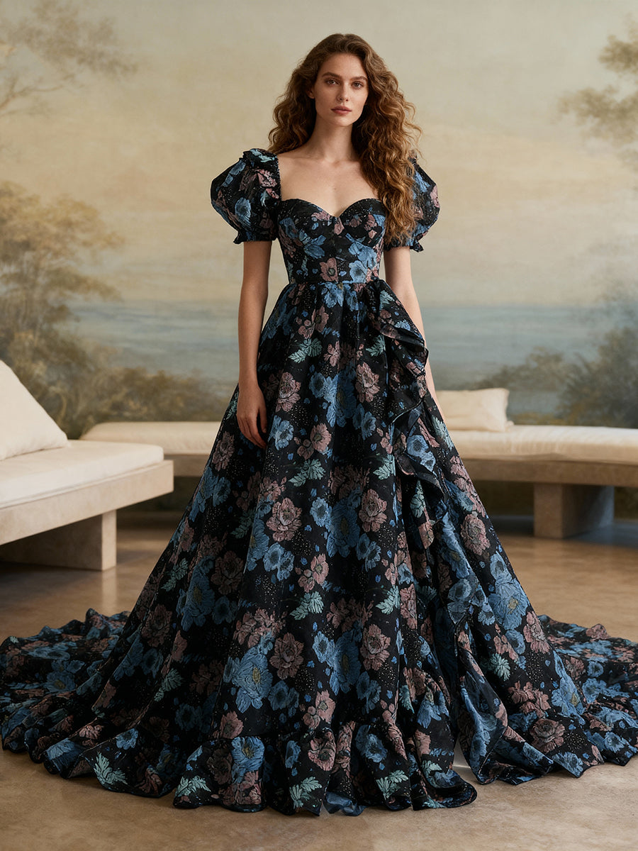 Silk Soft Organza Print Floral Prom Dress Long Train Fancy Photo Shoots Gown Maxi Dress YW231144