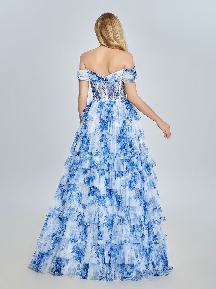 Blue Off-Shoulder Floral Tulle Gown Layered Prom Dress YE3025