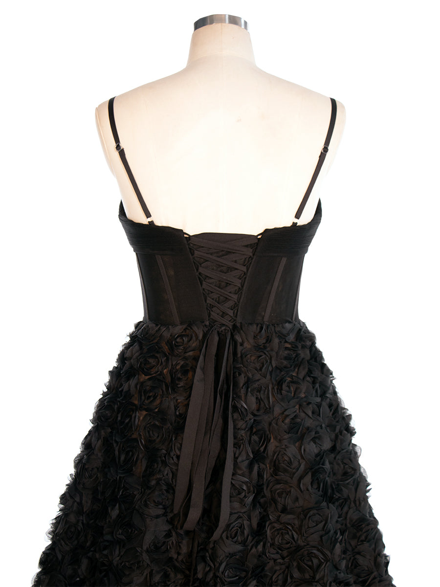 Black A-line Gown with Corset Bodice Mesh Rose Evening Formal Gown YW240043
