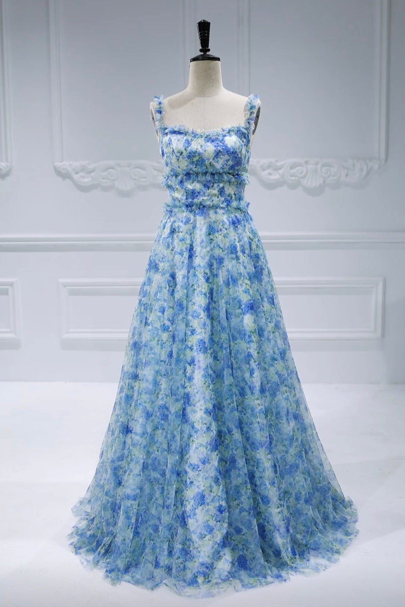 Spaghetti Strap Sweatheart Floral Printed Ruffle Trim Long Gown Prom Party Dress #0326