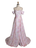 A-line Elegant Off Shoulder Pink Printed Prom Dress YE3019