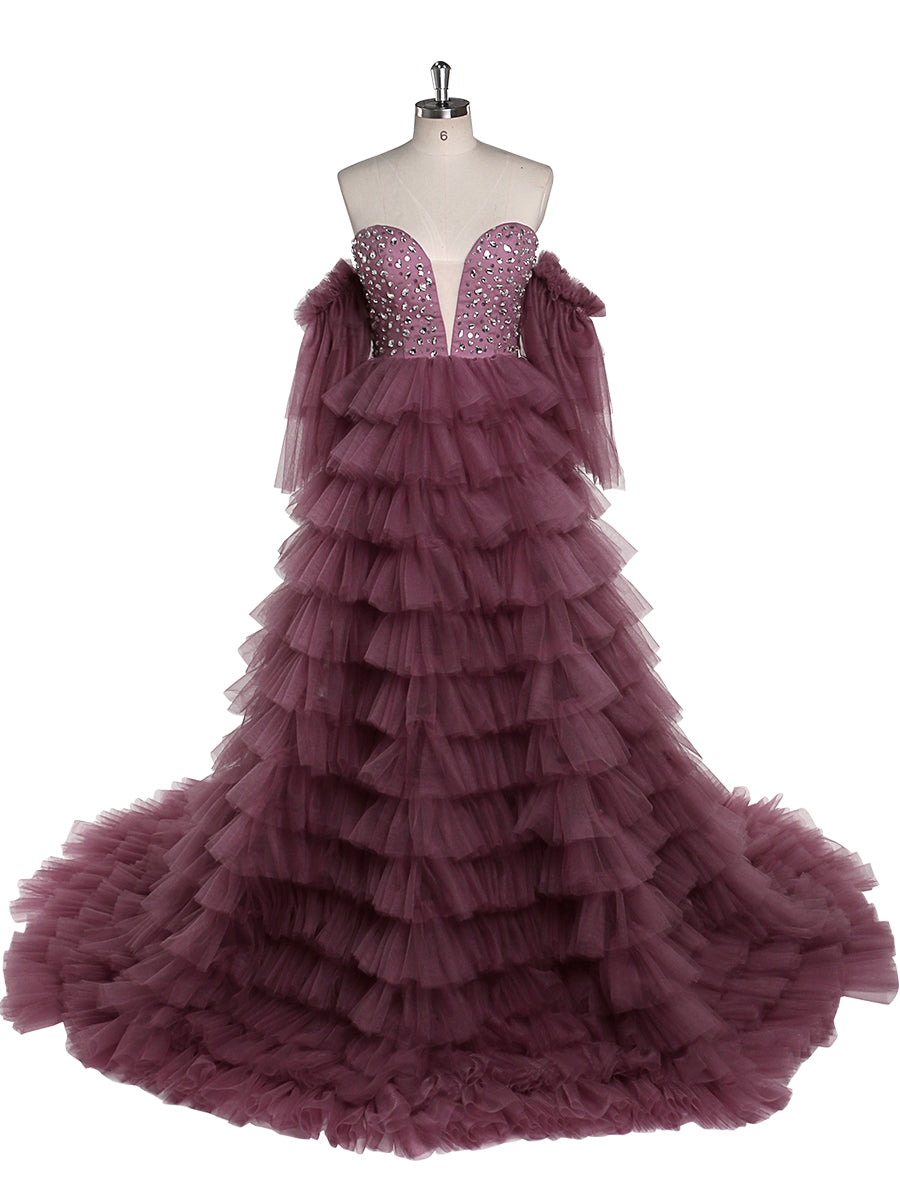 Crystal Beading Tulle Tiered Long Colorful Wedding Dress Photography Dresses YW220705