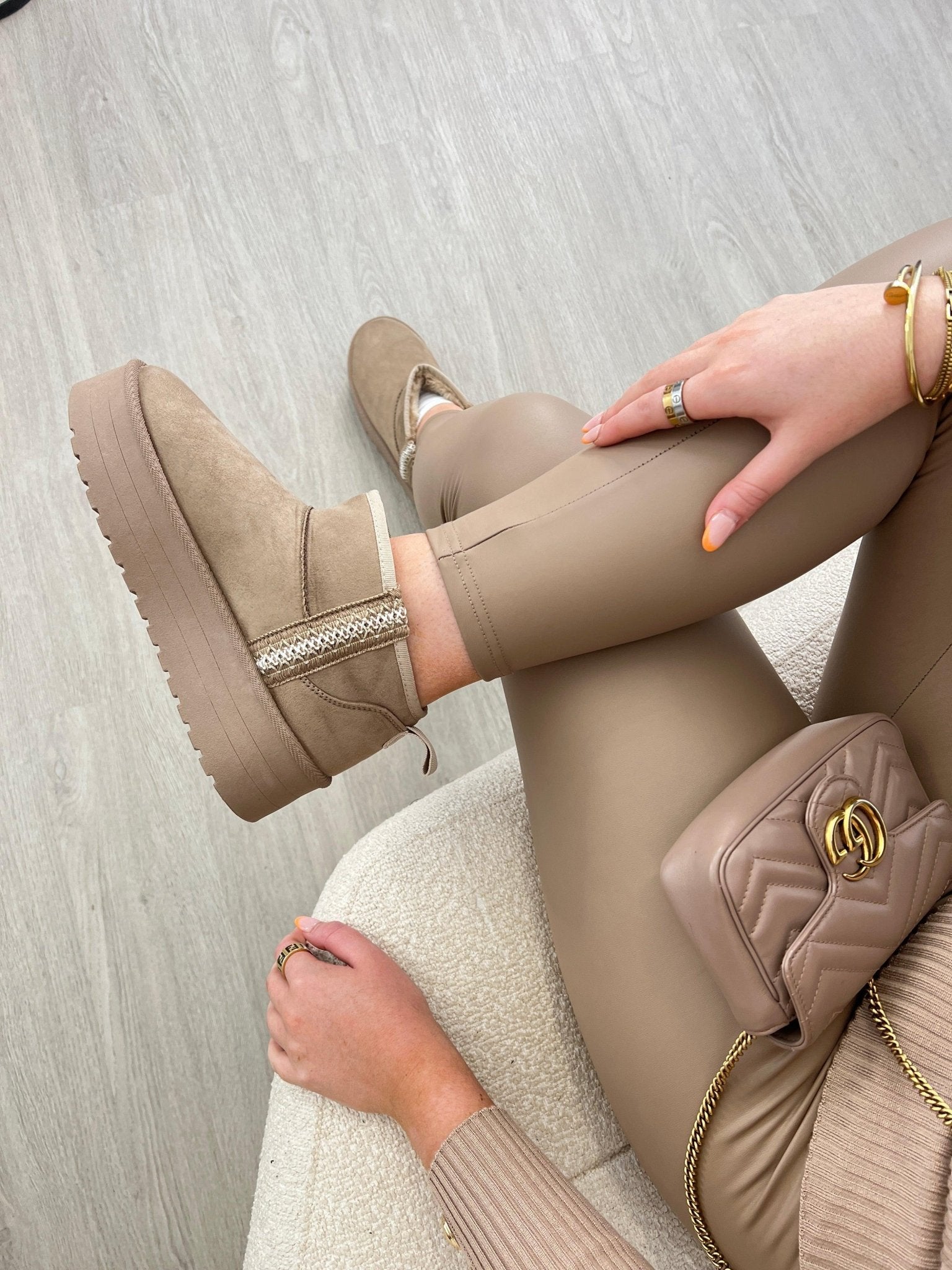 Dark Beige Faux Fur Mini Platform Boots with Stitch Detail