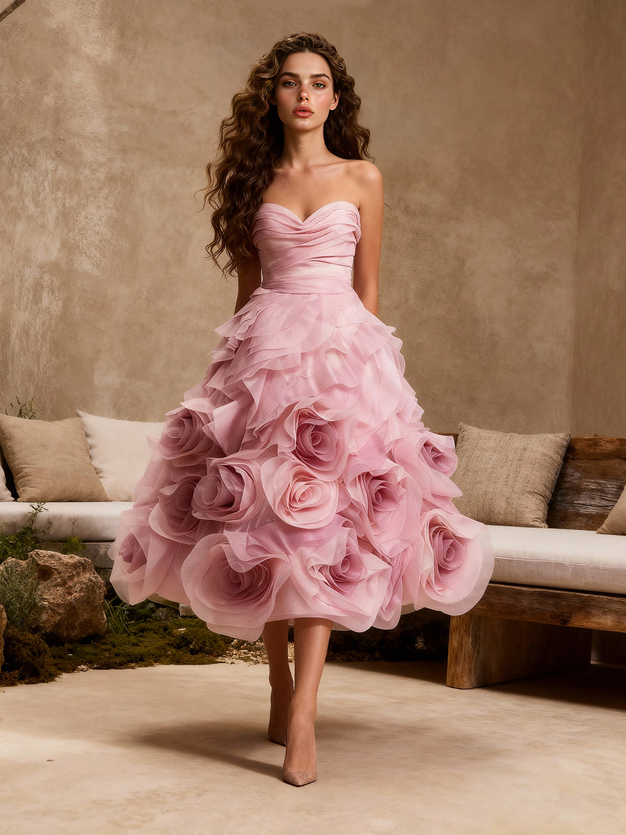Strapless 3D Hand Rose Evening Dress Elegant Gown for Wedding Guest Party Dress
