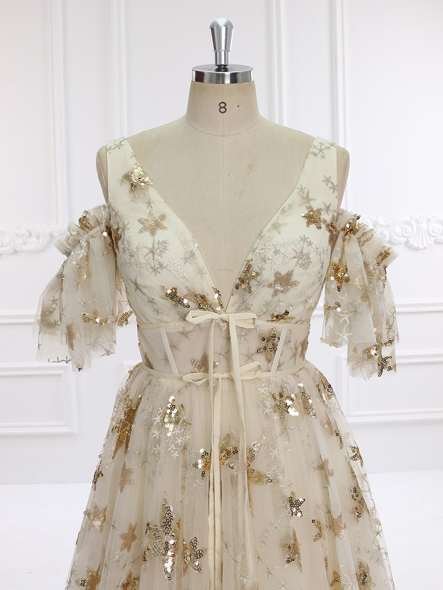 V-Neck Sequin Star Champagne Color Wedding Dress Elegant Ladies Beach Ball Dress 60cm Train YW240073