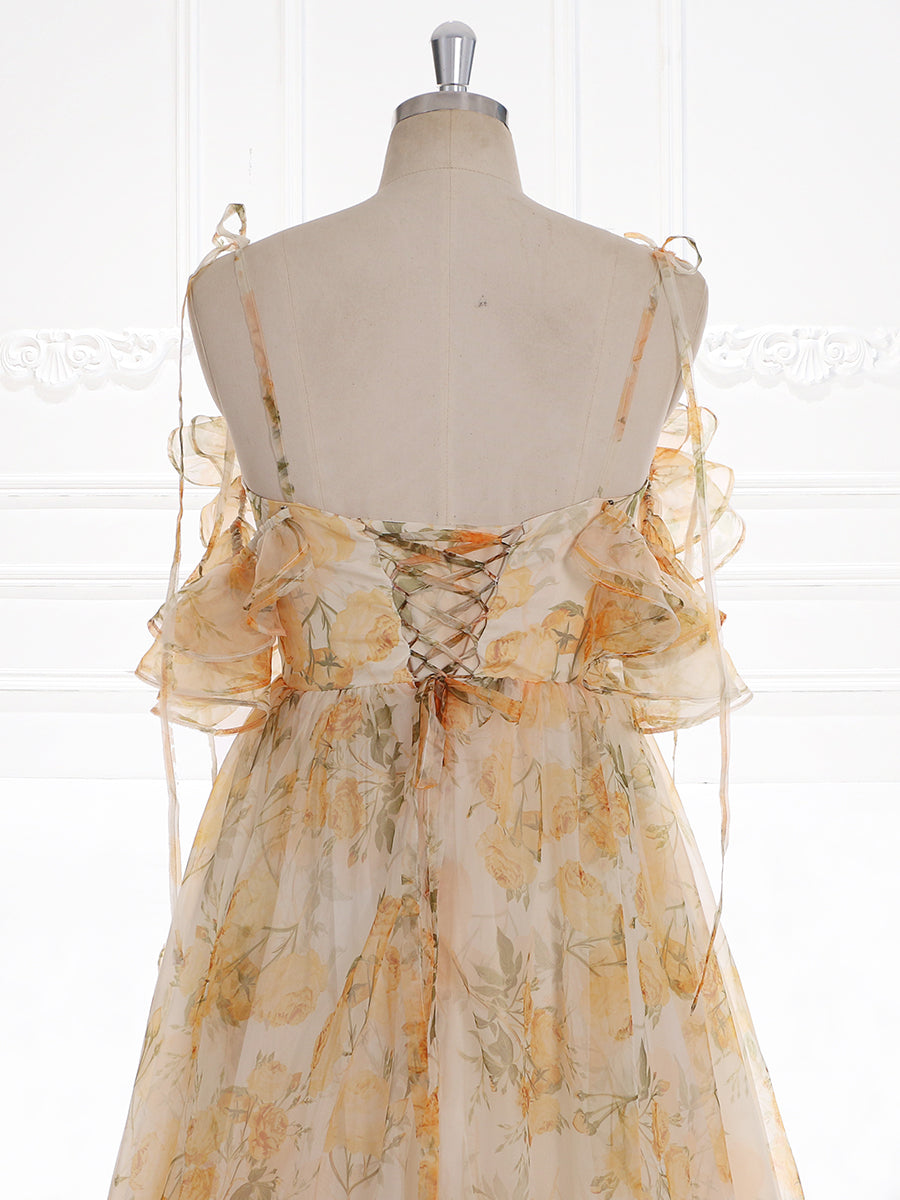 New Printing Floral Woman Dress Side Slit Ruffles Maxi Photo Shoots Dress Custom Colors YW230506