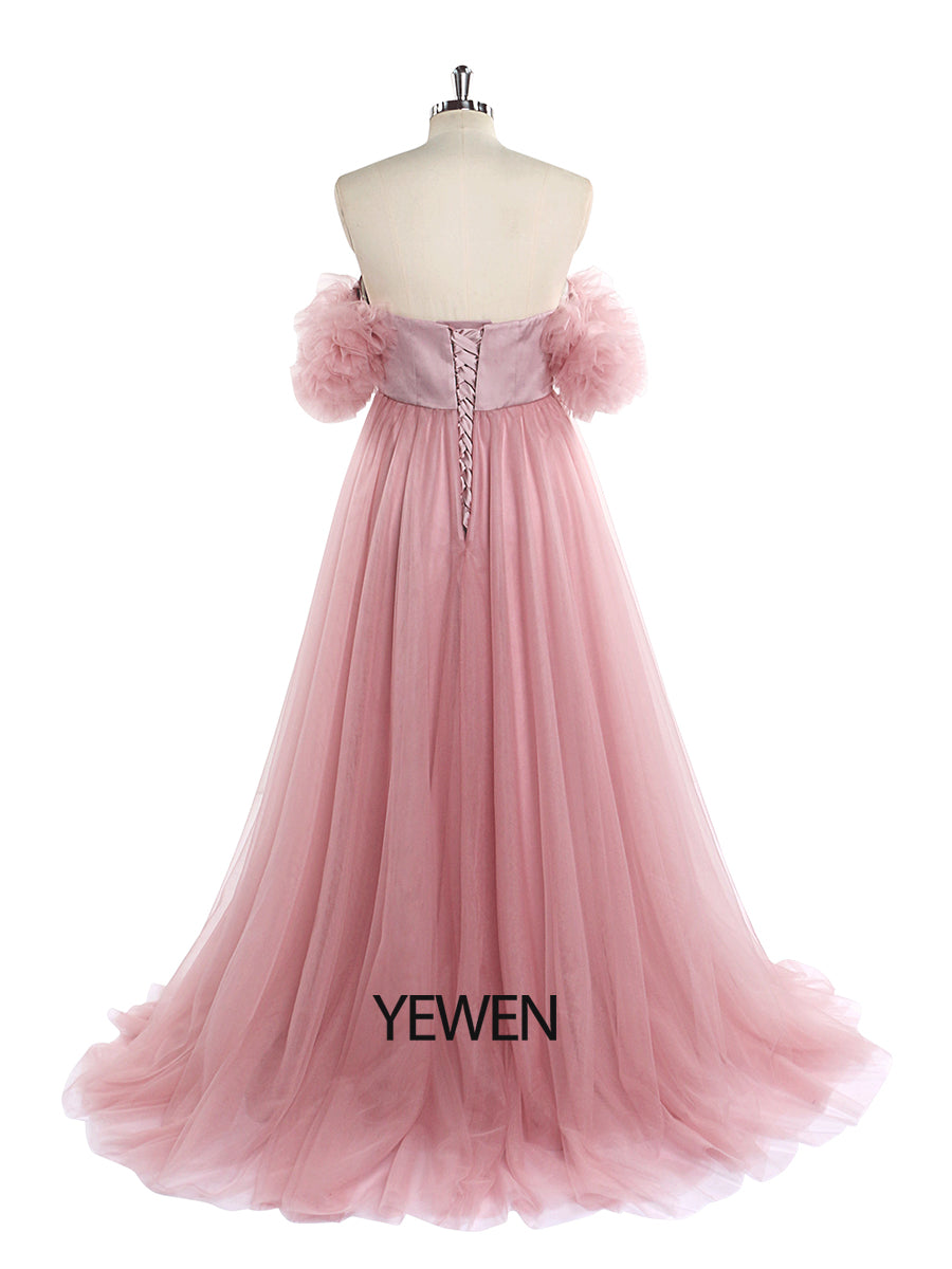 Pink Tulle Maternity Photography Dress Long Off Shoulder Maternity Gowns for Baby Shower  Fancy Photography Props YeWen YW220905