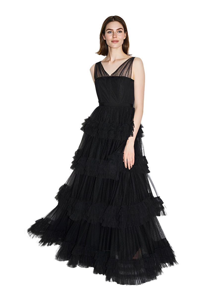 A line Sleeves Black Tulle Evening Dress Eloping Wedding Dress Custom Made Prom Gown