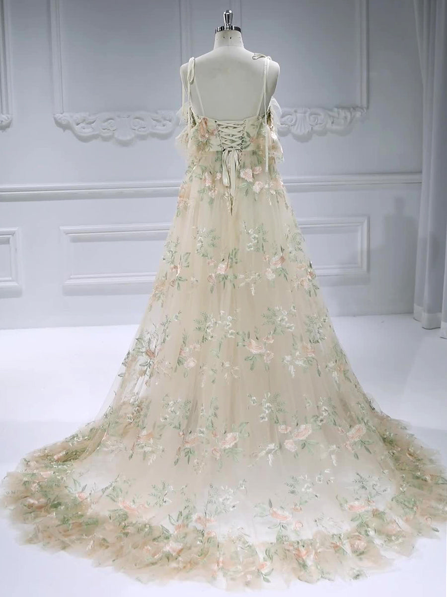 Sleeveless V-Neck Embroidery Lace Prom Gown Photo Shoot Dress with Ruffle Detail YW240010