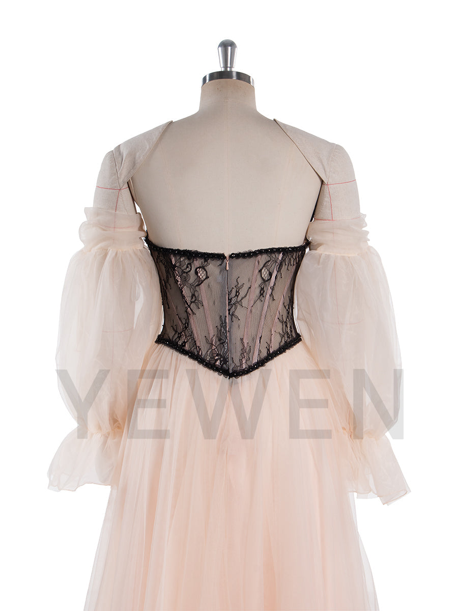 A Line Ball Gown Corset Waist Mesh Lace Floor Length Dress Photoshoot Dress YW250062