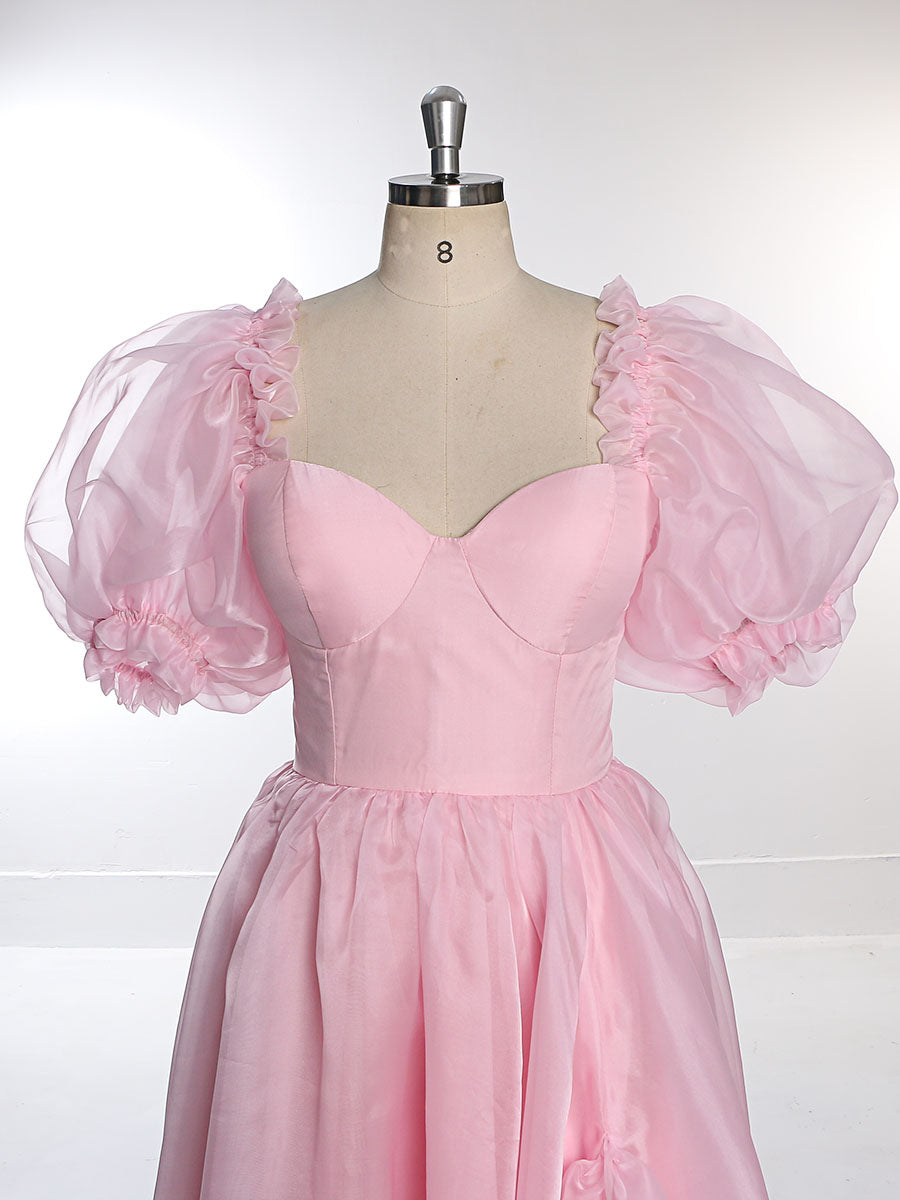 Silk Soft Organza Puff Sleeve Pink Prom Dress Fancy Photo Shoots Dress Lace-Up Back YW231019