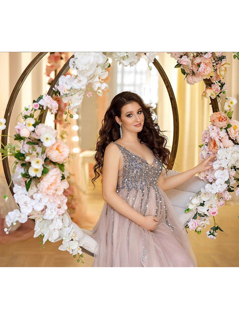 V-Neck Beaded Elegant Sleeveless Maxi Dress Photo Shoot Dress