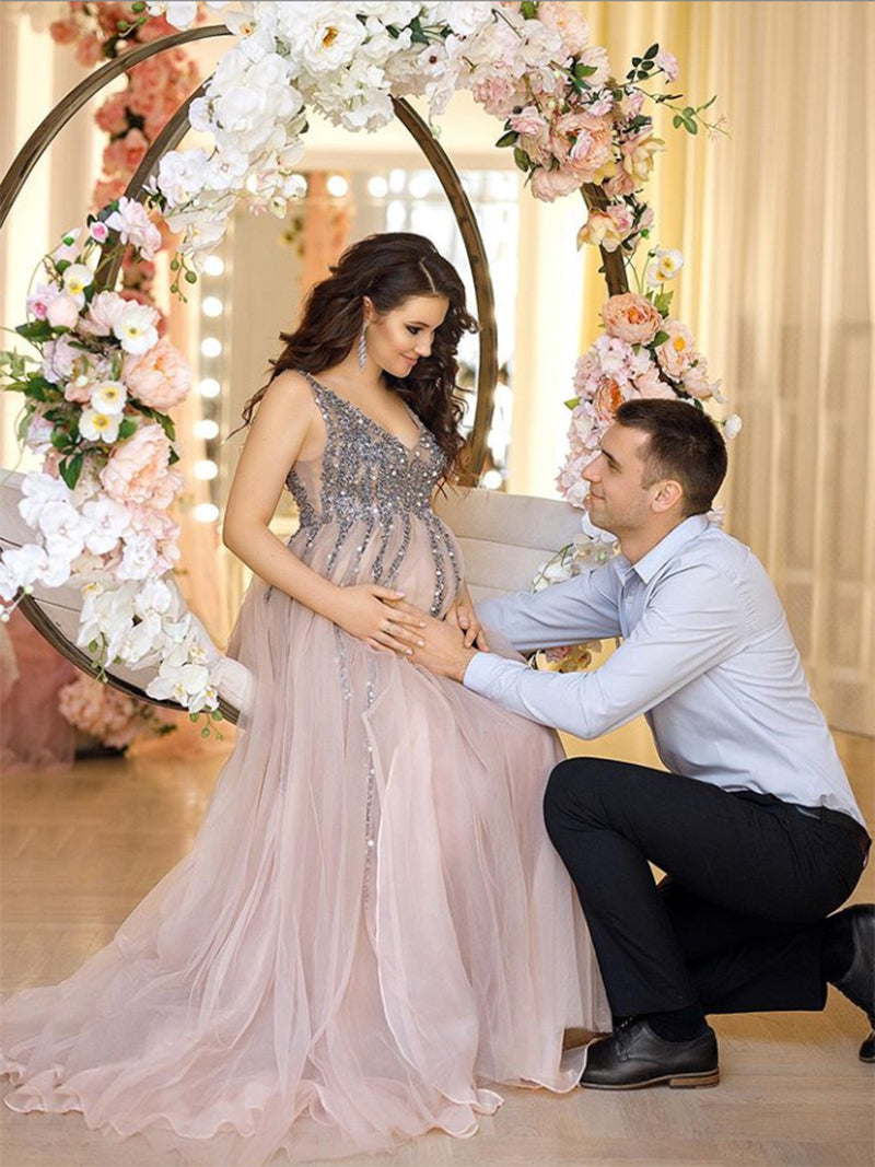 V-Neck Beaded Elegant Sleeveless Maxi Dress Photo Shoot Dress