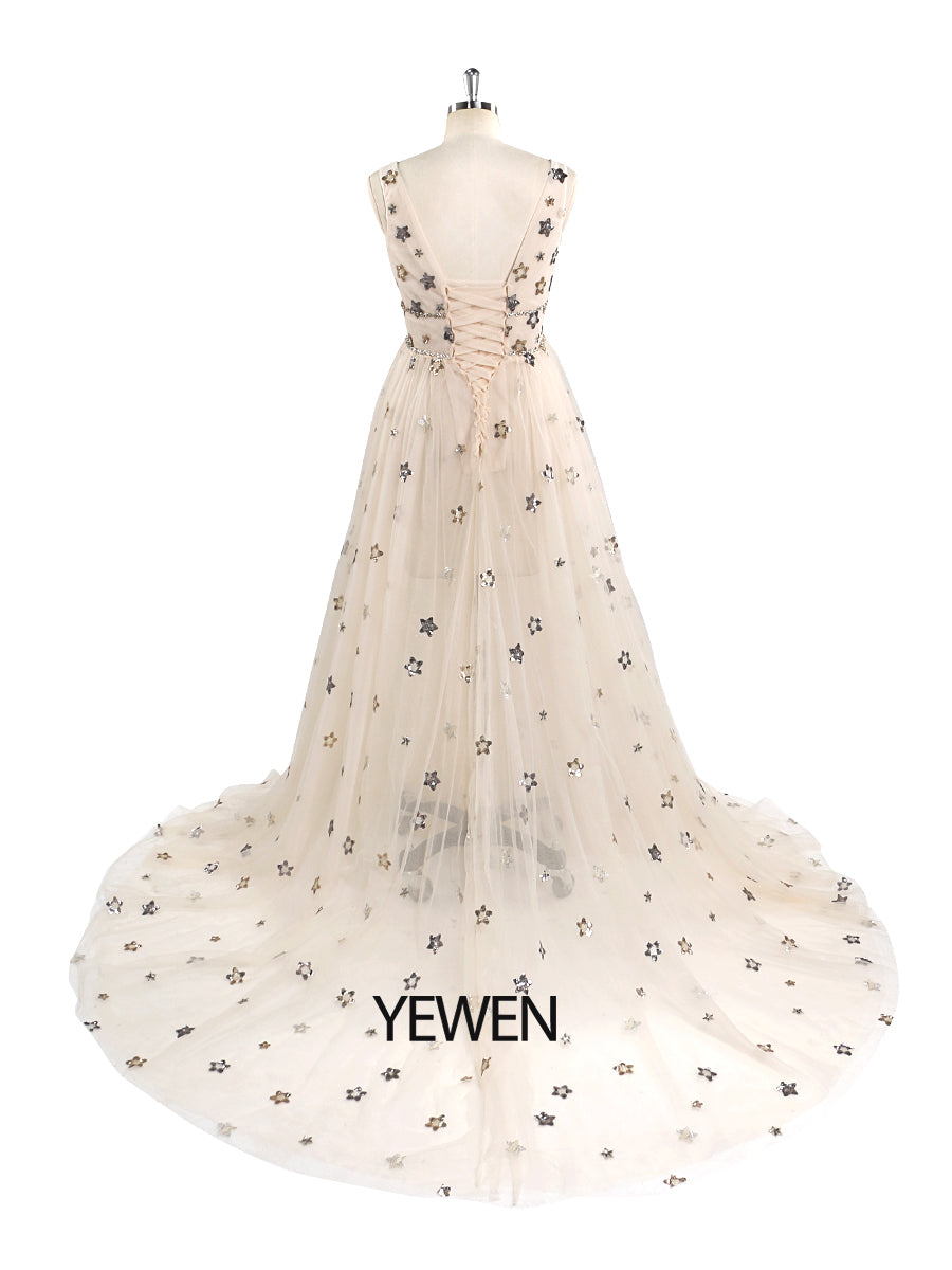 Tulle Prom Dress Champagne Star V-Neck Photography Gown